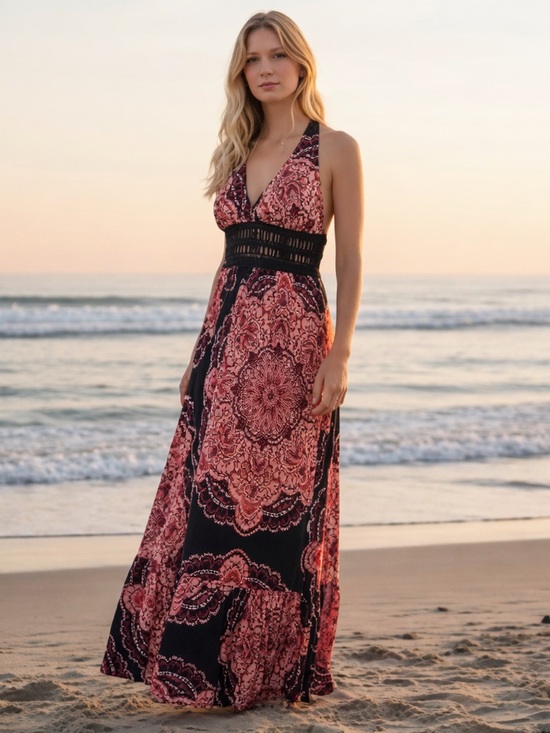 Bisou Bisou Dresses & Skirts - Bisou Bisou Pink & Black Floral Boho Halter Maxi Dress Womens 12